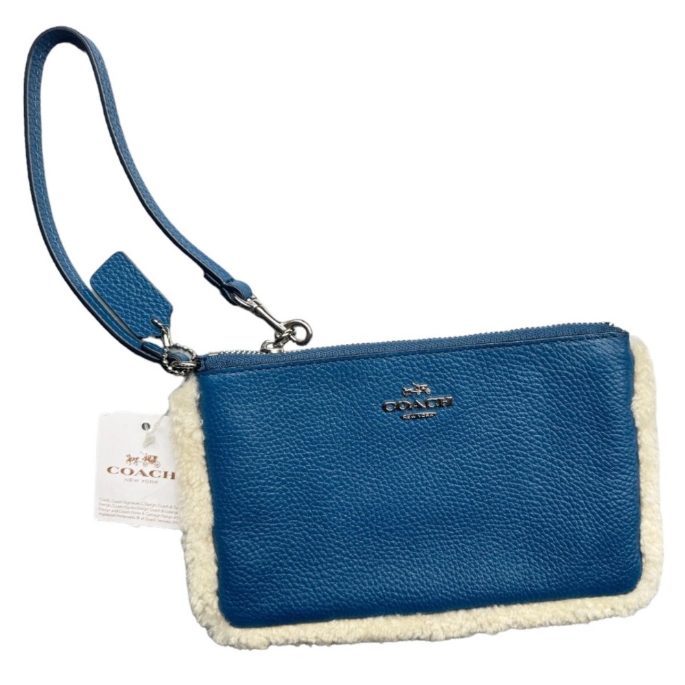 COACH Corner Wristlet Blue Leather Shearling-Trim 8 x 5 Pouch Wallet